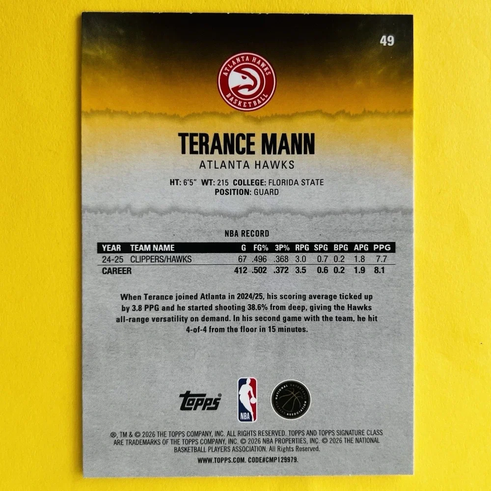 2025-26 Topps Signature Class Round 2 Pick 48 Terance Mann #49 Hawks